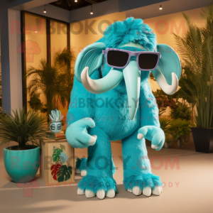 Turquoise Mammoth mascot costume character dressed with Chambray Shirt and Sunglasses