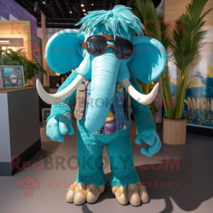 Turquoise Mammoth mascot costume character dressed with Chambray Shirt and Sunglasses