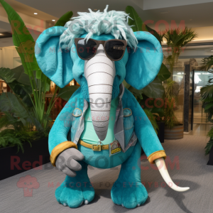 Turquoise Mammoth mascot costume character dressed with Chambray Shirt and Sunglasses