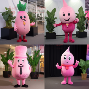 Pink Turnip mascot costume character dressed with Suit Pants and Mittens