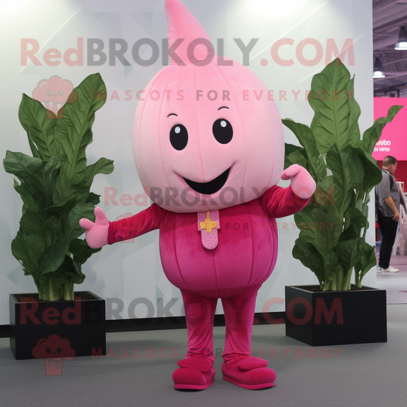 Pink Turnip mascot costume character dressed with Suit Pants and Mittens