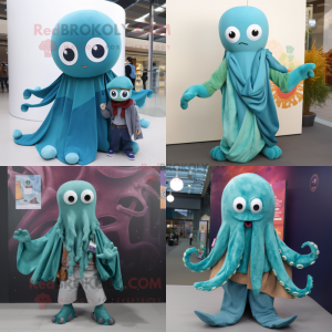 Teal Octopus mascot costume character dressed with Mom Jeans and Shawl pins