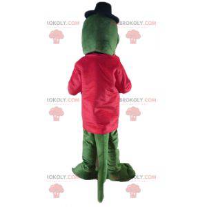 Mascote crocodilo verde com uma jaqueta vermelha e um acordeão