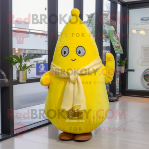 Lemon Yellow Pear mascot costume character dressed with Coat and Scarf clips