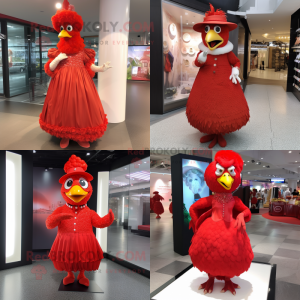 Red Fried Chicken mascot costume character dressed with Ball Gown and Hat pins