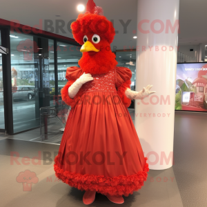 Red Fried Chicken mascot costume character dressed with Ball Gown and Hat pins