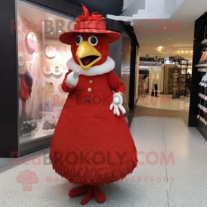 Red Fried Chicken mascot costume character dressed with Ball Gown and Hat pins