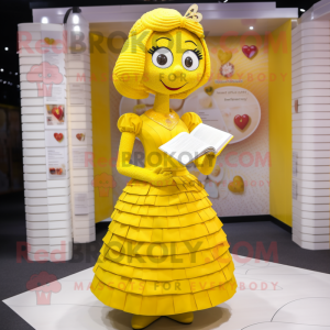 Yellow Love letter mascot costume character dressed with Dress and Necklaces