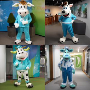 Cyan Guernsey cow mascot costume character dressed with Joggers and Tie pins