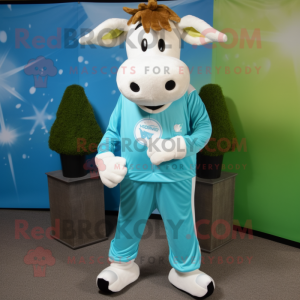 Cyan Guernsey cow mascot costume character dressed with Joggers and Tie pins