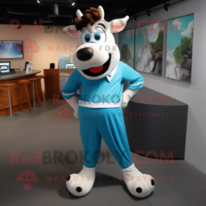 Cyan Guernsey cow mascot costume character dressed with Joggers and Tie pins