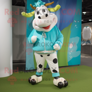 Cyan Guernsey cow mascot costume character dressed with Joggers and Tie pins
