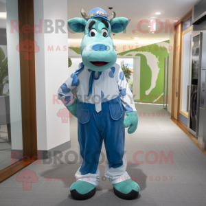 Cyan Guernsey cow mascot costume character dressed with Joggers and Tie pins