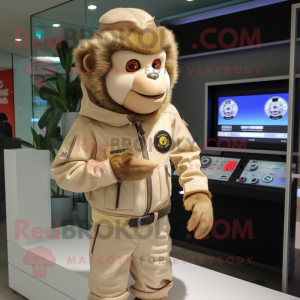 Beige Monkey mascot costume character dressed with Jacket and Digital watches
