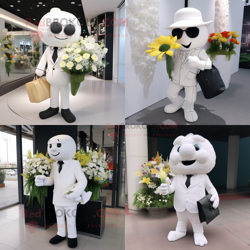 White Bouquet of flowers mascot costume character dressed with Suit and Wallets White Bouquet of flowers mascot costume character dressed with Suit and Wallets