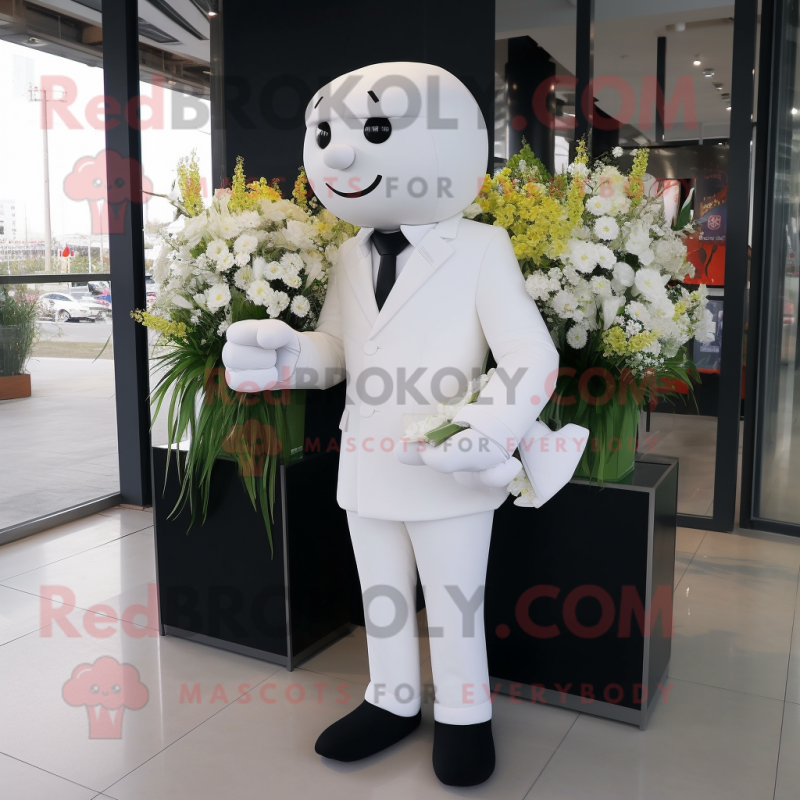 White Bouquet of flowers mascot costume character dressed with Suit and Wallets White Bouquet of flowers mascot costume character dressed with Suit and Wallets