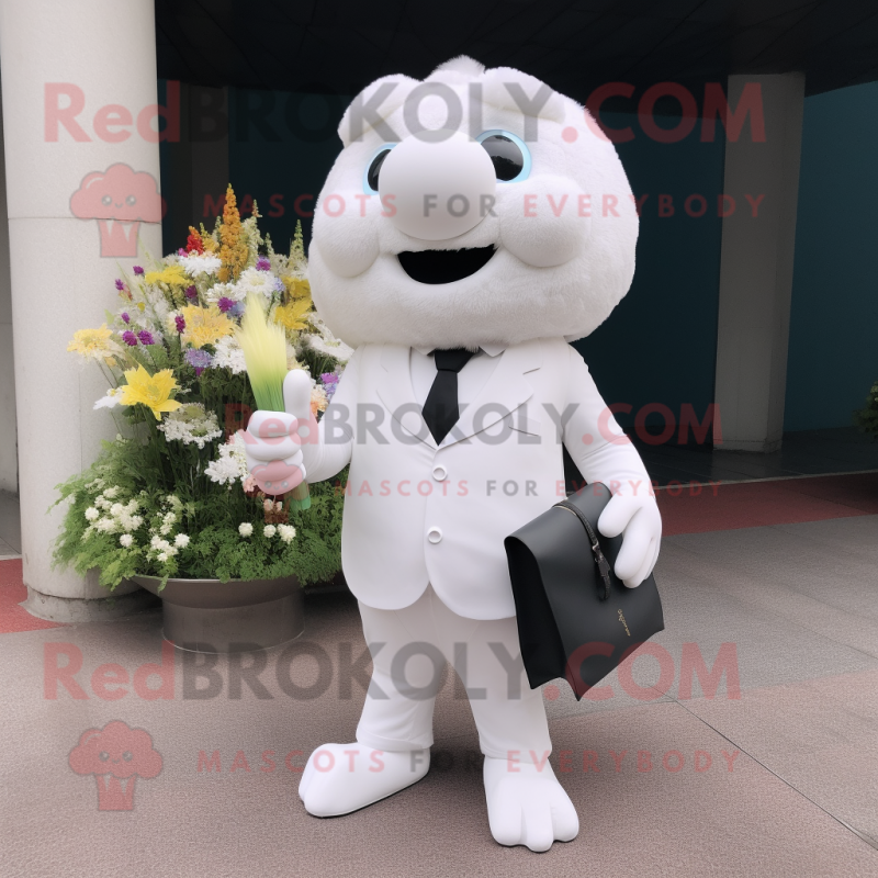 White Bouquet of flowers mascot costume character dressed with Suit and Wallets