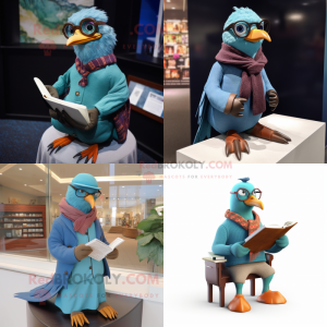 Cyan passenger pigeon mascot costume character dressed with Sweater and Reading glasses