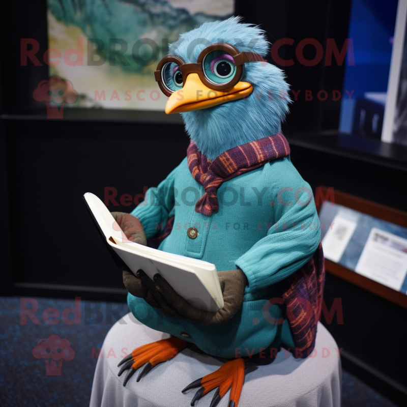 Cyan passenger pigeon mascot costume character dressed with Sweater and Reading glasses