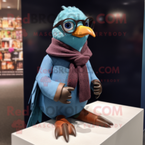 Cyan passenger pigeon mascot costume character dressed with Sweater and Reading glasses