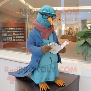 Cyan passenger pigeon mascot costume character dressed with Sweater and Reading glasses
