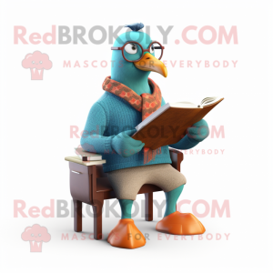 Cyan passenger pigeon mascot costume character dressed with Sweater and Reading glasses