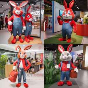 Red Rabbit mascot costume character dressed with Boyfriend Jeans and Wallets