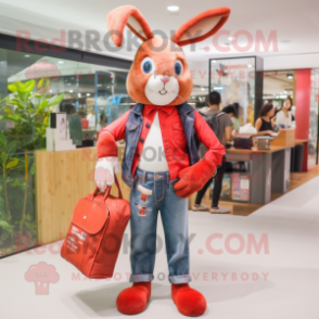 Red Rabbit mascot costume character dressed with Boyfriend Jeans and Wallets