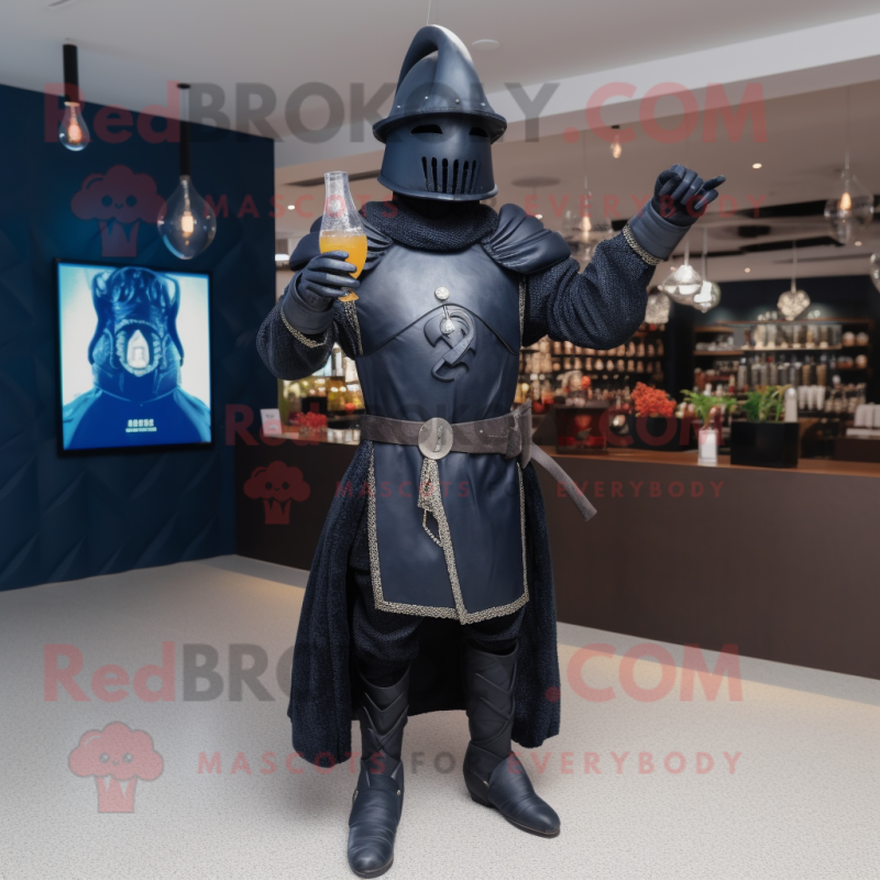 Navy medieval knight mascot costume character dressed with Cocktail Dress and Gloves