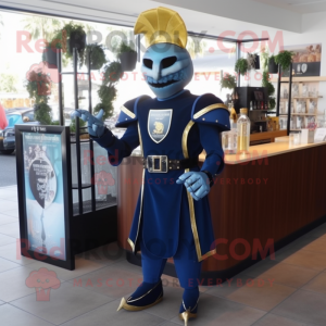 Navy medieval knight mascot costume character dressed with Cocktail Dress and Gloves