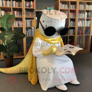 Gold Humpback Whale mascot costume character dressed with Wedding Dress and Reading glasses