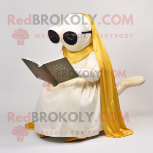 Gold Humpback Whale mascot costume character dressed with Wedding Dress and Reading glasses