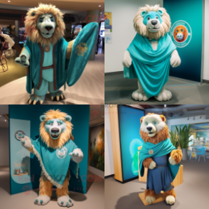 Teal tamer lion mascot costume character dressed with Board Shorts and Shawl pins