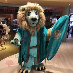 Teal tamer lion mascot costume character dressed with Board Shorts and Shawl pins