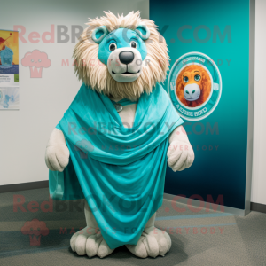 Teal tamer lion mascot costume character dressed with Board Shorts and Shawl pins