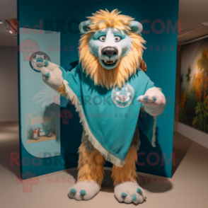 Teal tamer lion mascot costume character dressed with Board Shorts and Shawl pins