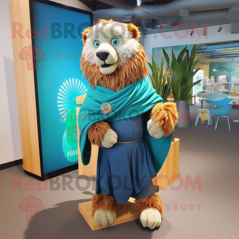 Teal tamer lion mascot costume character dressed with Board Shorts and Shawl pins