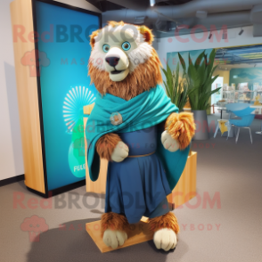 Teal tamer lion mascot costume character dressed with Board Shorts and Shawl pins