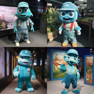 Cyan Cod mascot costume character dressed with Overalls and Hats