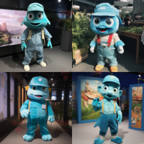 Cyan Cod mascot costume character dressed with Overalls and Hats