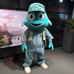 Cyan Cod mascot costume character dressed with Overalls and Hats