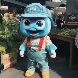 Cyan Cod mascot costume character dressed with Overalls and Hats