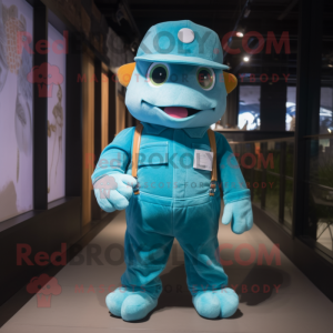 Cyan Cod mascot costume character dressed with Overalls and Hats