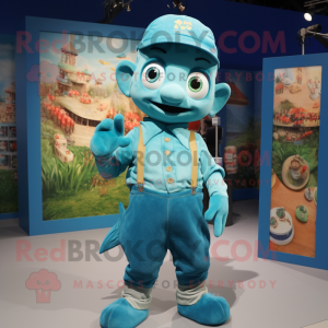 Cyan Cod mascot costume character dressed with Overalls and Hats