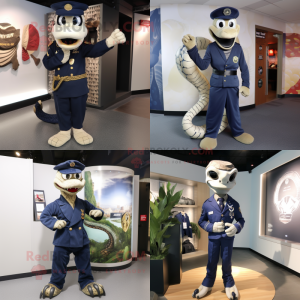 Navy Snake mascot costume character dressed with Suit Pants and Brooches
