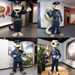 Navy Snake mascot costume character dressed with Suit Pants and Brooches