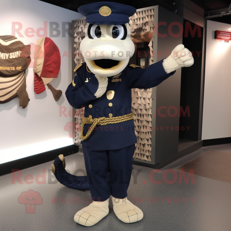 Navy Snake mascot costume character dressed with Suit Pants and Brooches