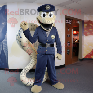 Navy Snake mascot costume character dressed with Suit Pants and Brooches