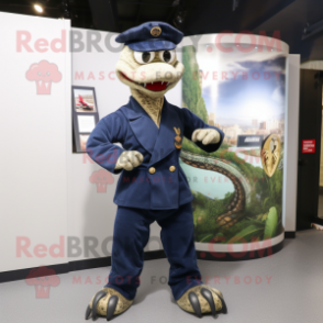 Navy Snake mascot costume character dressed with Suit Pants and Brooches