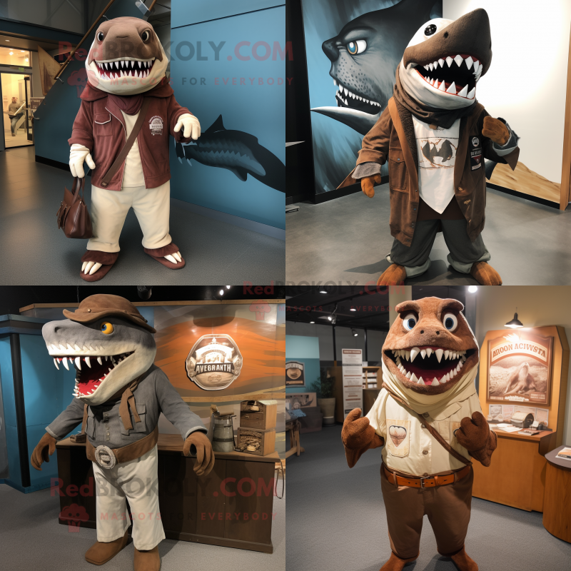 Brown Megalodon mascot costume character dressed with Henley Tee and Shawl pins Brown Megalodon mascot costume character dressed with Henley Tee and Shawl pins